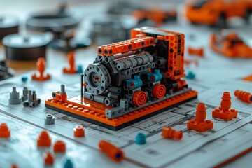 Colorful building toy engine on blueprint