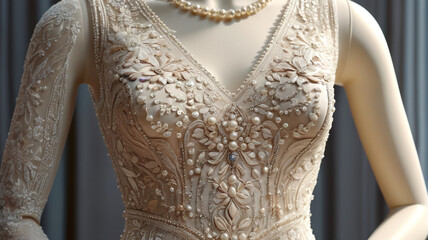 Fototapeta premium Radiating with elegance, the luxurious dress on the mannequin glistens with pearls and fine embroidery, Generative AI