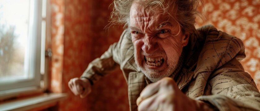 Portrait of an angry, aggressive senior man. AI.