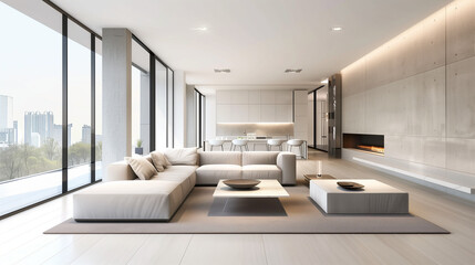 Modern open-concept living room with floor-to-ceiling windows