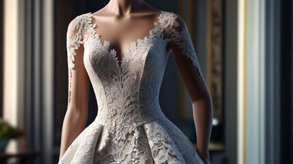 Fototapeta premium The evening gown on the mannequin, adorned with intricate lace and flowing layers, epitomizes luxury and grace, Generative AI