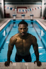 A man standing in a pool with his hands on the edge, AI