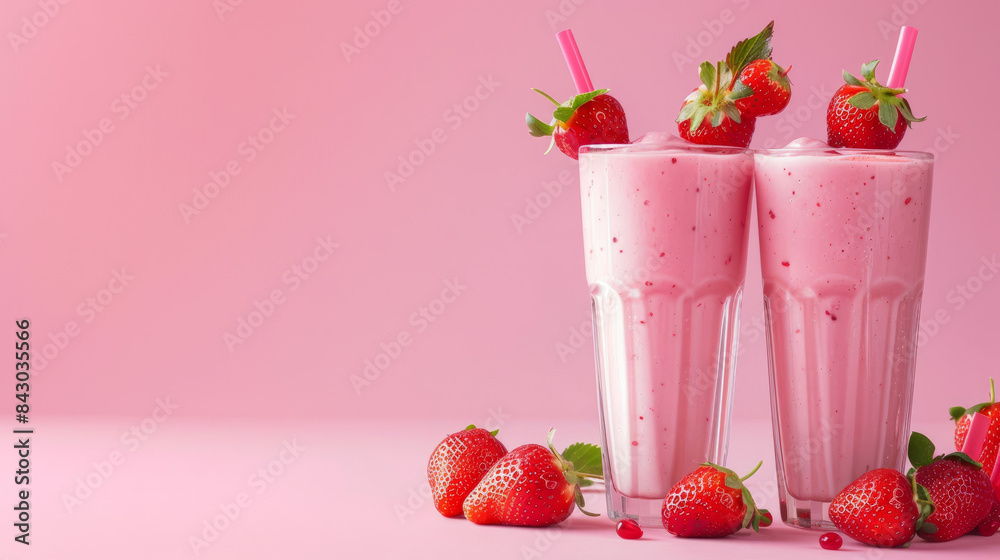 Wall mural Strawberry smoothies in glasses on a pink background. Summertime drinks, milkshakes, and refreshments made with organic ingredients.