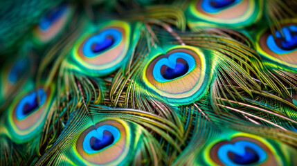 Stunning close-up of peacock feathers, showcasing the vibrant colors and intricate patterns of the Indian peafowl.
