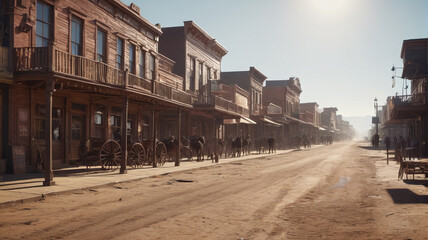 The dusty main street comes alive with a tense duel at high noon, showcasing the iconic bravery of the Wild West, Generative AI