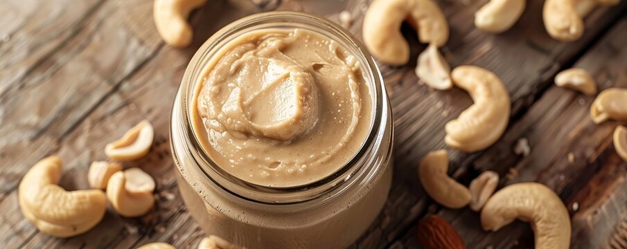 Artistically arranged cashews atop a stylish jar of creamy nut paste against a wooden backdrop, ideal for culinary photography.