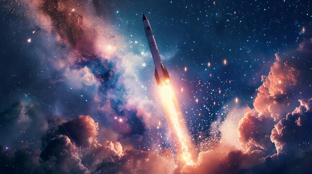 Astronomic spaceship liftoff against celestial backdrop, representing ambition, innovation, and cosmic exploration