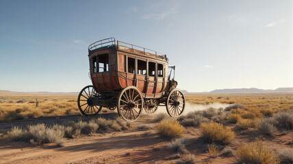 A weathered stagecoach races across the open plains, delivering precious cargo and tales of the Wild West, Generative AI
