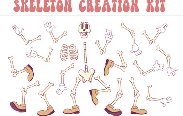 Retro groovy skeleton cartoon character