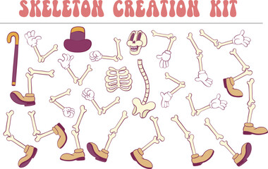 Retro groovy skeleton cartoon character