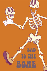 Retro groovy skeleton cartoon character