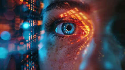 Close-up of a female eye with 'ETHICAL AI' illuminated on a neon futuristic tech backdrop, signifying the convergence of ethics and AI.