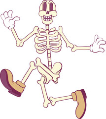 Retro groovy skeleton cartoon character