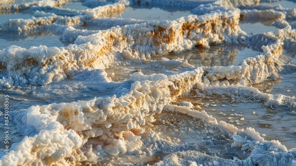 Wall mural closeup of the intricate textures created by overlapping layers of salt crystals on a drying lake.