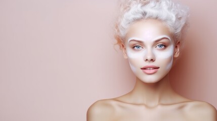 Beautiful young Caucasian woman with facial mask on her face on a background with Copy Space. Young woman with clay mask on her face. Beautiful Caucasian female with cosmetic Facial Mask, copy space.