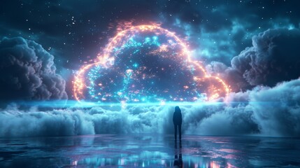 3D render of cloud with glowing light hologram futuristic, a persona standing at a podium in front of a digital oback, scientific background, cloud technology of the future