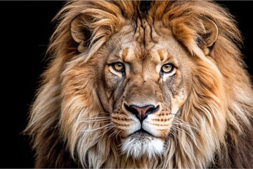 Naklejka premium Majestic lion with a fierce expression, set against a dark backdrop.