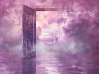 Ethereal portal unsealing a tranquil paradise, celestial hues adorning calm waters.