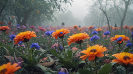 Obraz premium Under the cover of fog, the menacing flowers open their venomous petals, exuding a toxic scent that paralyzes their prey, Generative AI