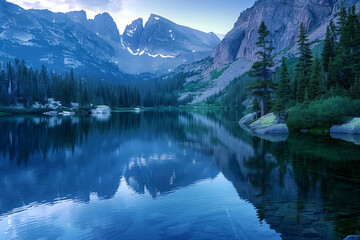 Fototapeta premium A serene mountain lake at dusk, with crystal-clear reflections of the towering peaks and lush trees in the still water.