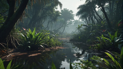 Naklejka premium The dense swamp is home to vicious plants with razor-sharp leaves that slice through anything in their path, Generative AI