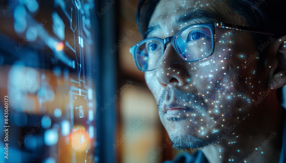 Poster man wearing glasses looking at computer screen with data displayed