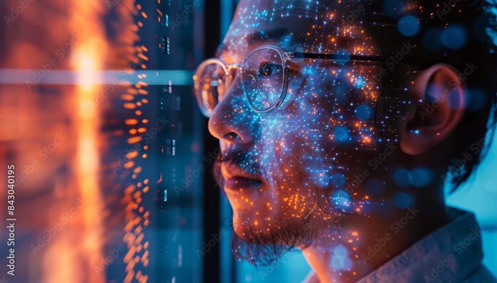 Poster man looking through window with data visualization projected on his face