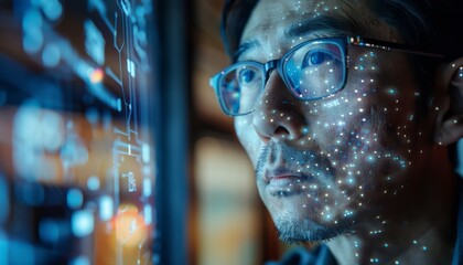 Man Wearing Glasses Looking at Computer Screen With Data Displayed