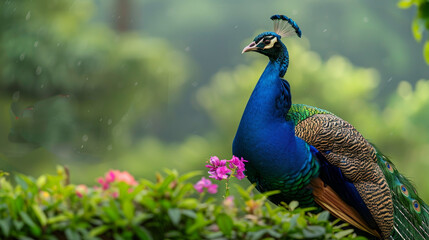 Obraz premium The Indian blue peacock is a male peacock with a spread tail during the mating season in spring.