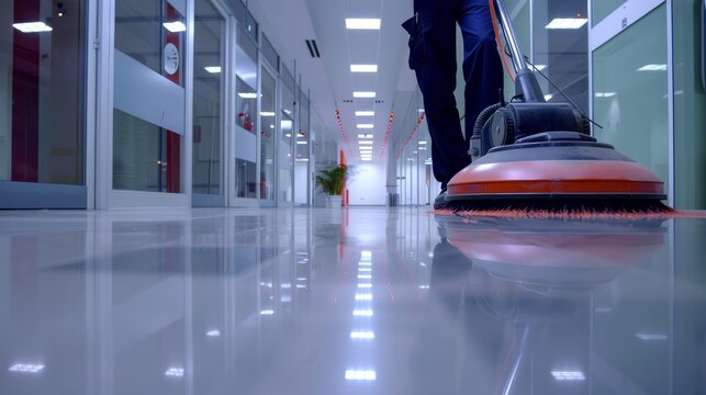 Industrial floor cleaning and polishing with a buffer machine by professional janitors in a corporate building hallway.