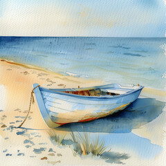 Watercolor painting of a boat on a sandy beach