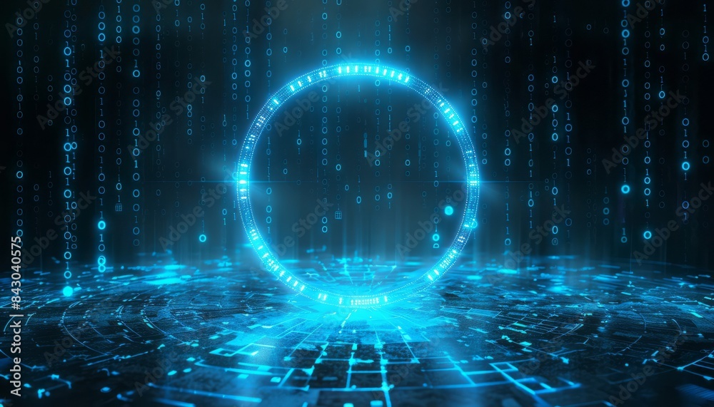 Poster blue glowing circle with binary code background