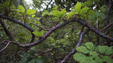 Fototapeta premium Hidden in the underbrush, the venomous vines lash out, their toxic thorns ready to inject deadly poison into any living being, Generative AI