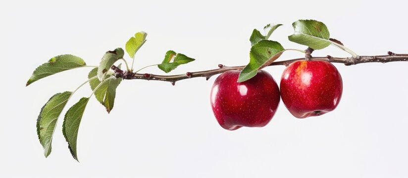 Two red apples with green leaves dangle from a branch against a white backdrop.