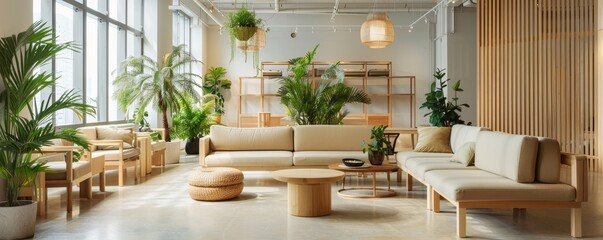 Modern, sustainably crafted furniture set with wood and greenery in minimalist eco-friendly space