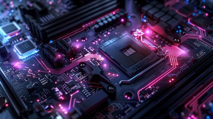 Fototapeta premium High-Tech Gaming PC with RGB Liquid Cooling System - Futuristic Hardware Setup, Close-Up, Neon Lights, and Transparent Tubes