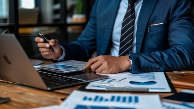 Business professional harnesses digital interface for due diligence, leveraging analytics and risk assessment for informed corporate decision-making.