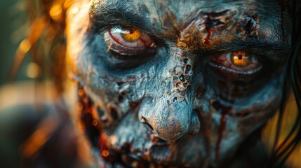 A striking close-up of a zombie face, with fierce orange eyes and blue-tinted decayed skin makeup adding to the horror effect