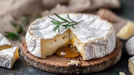  A cheese piece sits atop a wooden cutting board Nearby, another cheese piece sports a green sprig