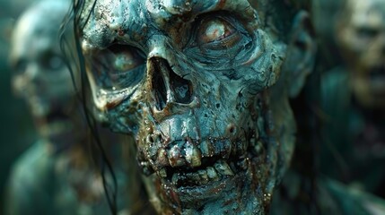 An extremely detailed shot of a zombie face showing exposed skull and intense makeup work