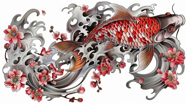 Traditional Japanese koi fish tattoo featuring swirling water, cherry blossoms, and isolated background.