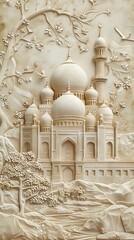 Beautiful mosque 3d relief wallpaper. Mural wallpaper. Wall art. AI generated illustration.