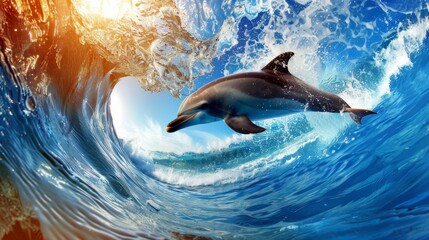 Fototapeta premium A dolphin mid-leap amidst a wave, sun glinting atop, lower half submerged