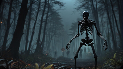 Fototapeta premium In the haunted forest, the groaning zombies emerge from the shadows, their skeletal hands reaching out to snatch the unwary, Generative AI