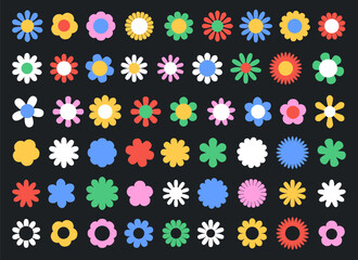 Set of abstract flowers in brutalist style. Modern vector illustration on black background. Geometric flower set. Abstract minimal daisy elements. Brutalist design. Vector illustration