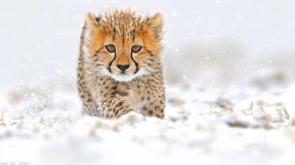  A cheetah cub navigates a snowy field dotted with tall grasses, casting a quizzical gaze towards the camera