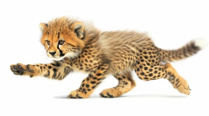  A small cheetah cub runs on hind legs, paw in air contrary to direction White background
