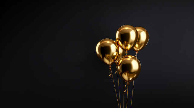 grappe de ballons dor&eacute;s &agrave; l'h&eacute;lium sur fond noir