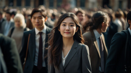 Fototapeta premium Asian Business Woman smiling with confidence in a busy crowd