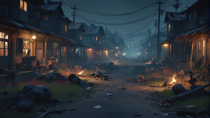 Obraz premium The quiet village is thrown into chaos as zombies rise from the ground, their hungry moans filling the air, Generative AI